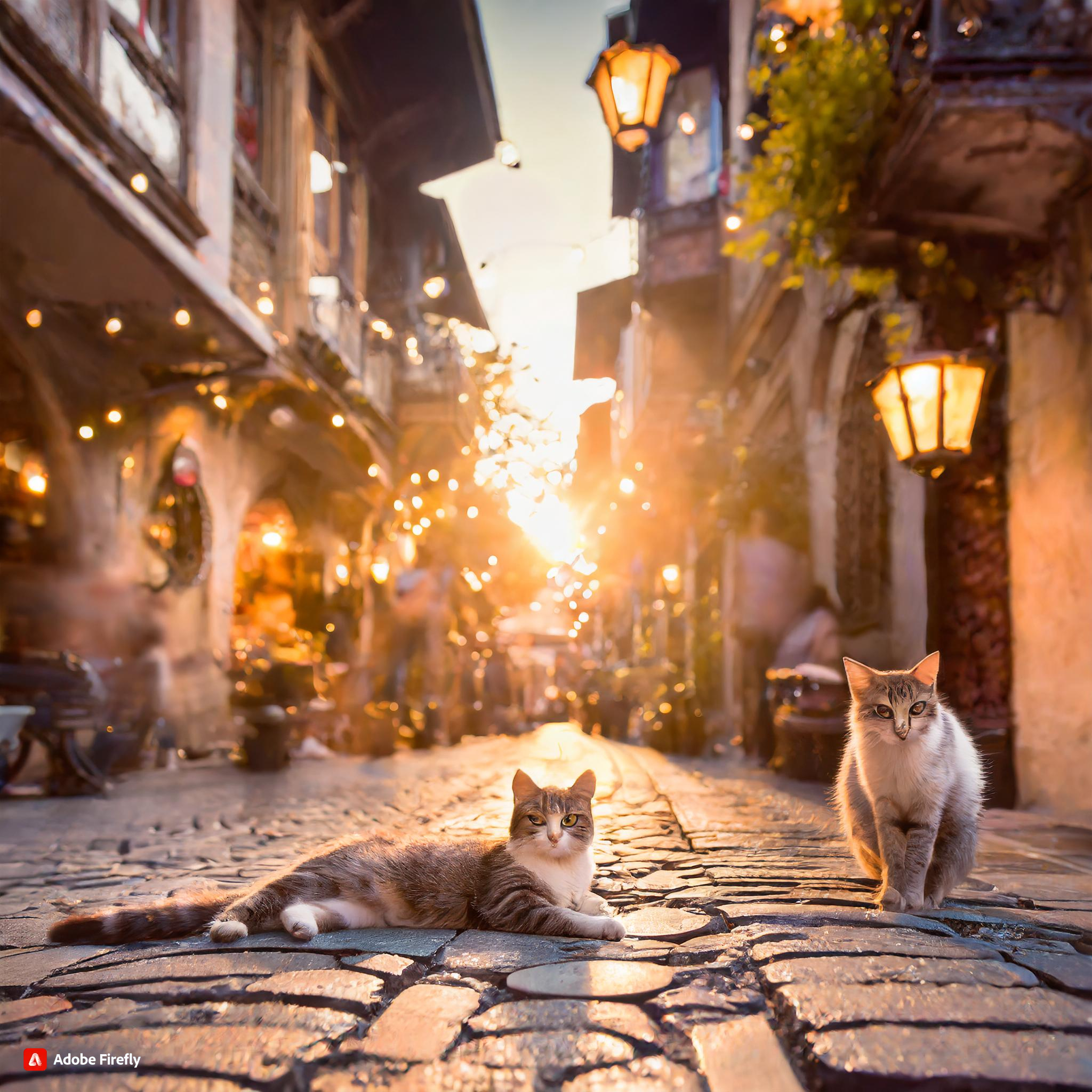 Firefly a scenic street in Istanbul with cats roaming around